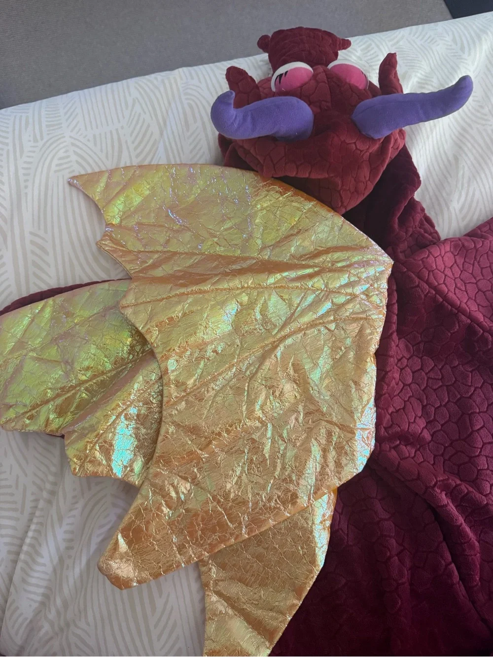 Kids Burgundy Plush Dragon Costume - Hooded Onesie size 6-7 (L)
